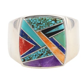 Evangeline David Navajo Sterling Multi Stone Inlay Ring Sz. 13.5