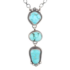 Signed S Navajo Sterling Kingman Turquoise Lariat Necklace