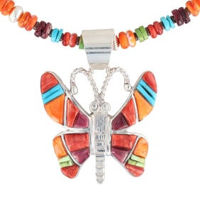 Ervin Hoskie Navajo Sterling Multi Stone Butterfly Necklace
