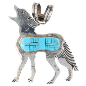 Wilson Dawes Navajo Sterling Turquoise Raised Inlay Wolf Pendant