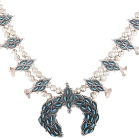Signed LM Zuni Sterling Kingman Turquoise Squash Blossom