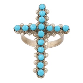 Marlon Quam Zuni Sterling Snake Eye Kingman Turquoise Cross Ring Sz. 7