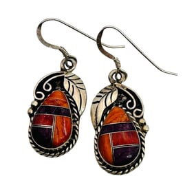 Navajo Signed EJ Spiny Oyster Sterling Dangle Earring 6.07 G