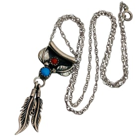 Navajo Turquoise Coral Sterling Feather Pendant Rope Chain Necklace, 4.43 G