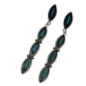 Zuni Signed Sterling Needlepoint Turquoise Pushback Dangle Earrings 5 G