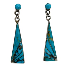 Navajo Signed EM Inlaid Turquoise Sterling Dangle Earrings 6.83 G