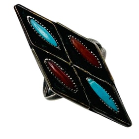 Zuni Sterling Turquoise Coral Ring Size 4.5, 4.31 G