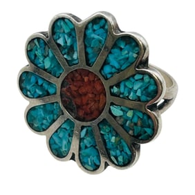Southwest Crushed Turquoise Flower Statement, Ring Size 5.5, 6.26 G