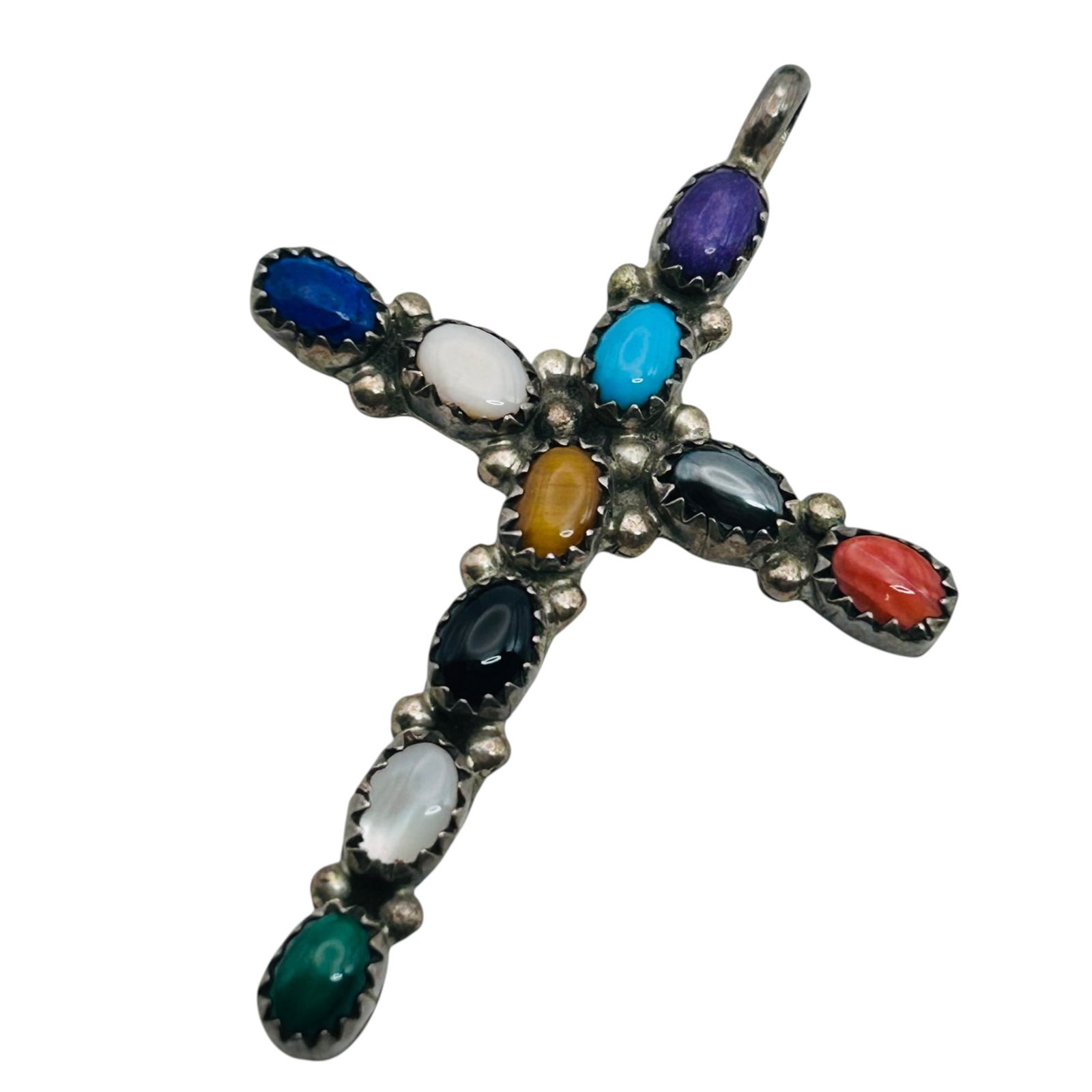Lenora Begay, Navajo Sterling Multi Gemstone Cross Pendant 5.31 G (1 of 5)