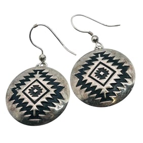 Navajo Sterling Carved Round Medallion Earrings 9.26 G