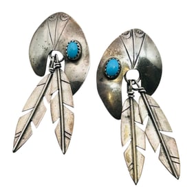 Navajo Signed JAC Sterling Shield And Feather Earrings 8.12 G
