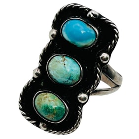 Navajo Sterling Triple Turquoise Stone Ring Size 9, 6.87 G