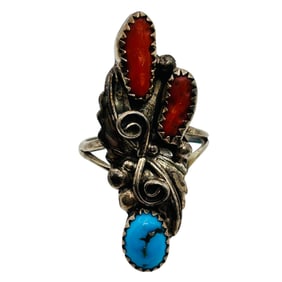 Navajo Turquoise Coral Sterling Statement Ring Size 8, 5.63 G
