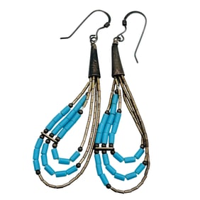 Native Turquoise Sterling Bead Dangle Earrings 2.1 G