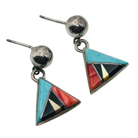 Navajo Signed Sterling Inlay Gemstone Dangle Earrings 3.53 G