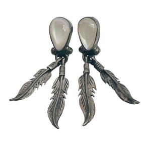 Southwest Mother Of Pearl Sterling Feather Dangle Earrings 3.7 G