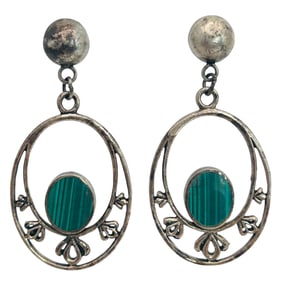 Native Signed, Malachite Sterling Dangle Oval Earrings 5.98 G