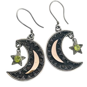 Southwest Emerald Sterling Star And Moon Dangle Earrings 4.9 G