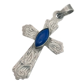 Mexico, Sterling Lapis Luzili Cross Pendant 8.79 G