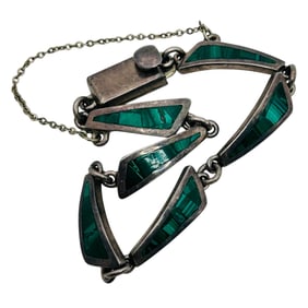 Taxco Tm-20 Mexico, Malachite Sterling Linked Bracelet 16.79 G