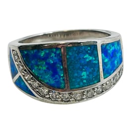 Opal, Rhinestone Sterling Dome Ring Size 8, 8.2 G