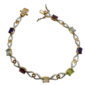 Amethyst, Topaz, Garnet Emerald Sterling Heart Linked Bracelet 7.34 G