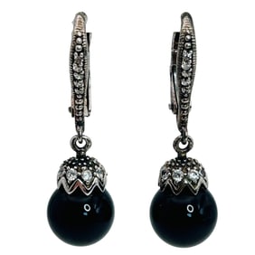 Joseph Esposito, ONYX And Cubic Zirconia Sterling Hinge Dangle Earrings 6.46 G