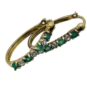 RSE Emerald And Tiny Diamond Sterling Oval Hoop Earrings 2.34 G