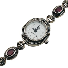 DBJ Japan Quartz Sterling Garnet Marcasite Watch 23.56 G