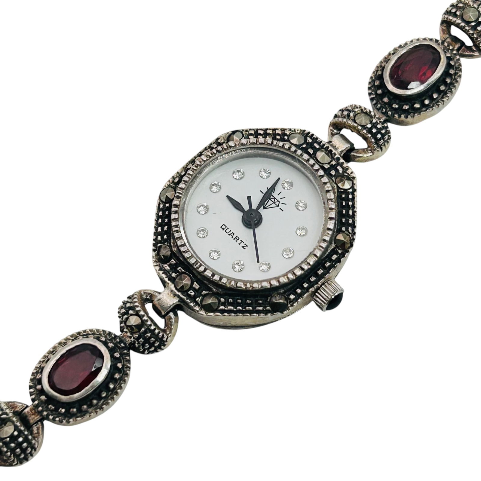 DBJ Japan Quartz Sterling Garnet Marcasite Watch 23.56 G: DBJ Japan quartz Sterling Garnet marcasite watch 23.56 g