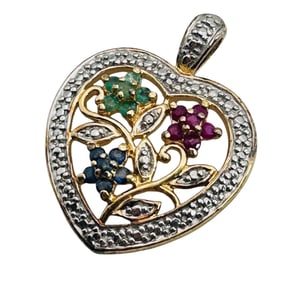 Diamond Emerald Topaz Ruby Heart Sterling Pendant 3.46 G