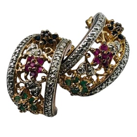 Diamond Emerald, Ruby, Topaz Sterling C HOOP Earrings, 7.2 G