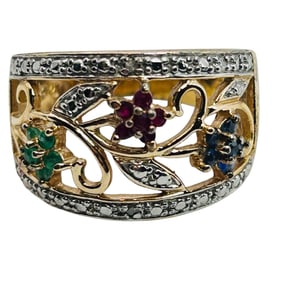 Diamond Emerald Ruby, Topaz Sterling Statement Ring Size 8, 5.86 G