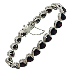 Garnet, Sterling Heart Linked  To Bracelet 24.55g