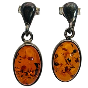 Amber Sterling Oval Pushback Dangle Earrings 2.5 G