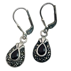 SU Garnet And Marcasite Sterling Jacket Dangle Earrings 3.5 G