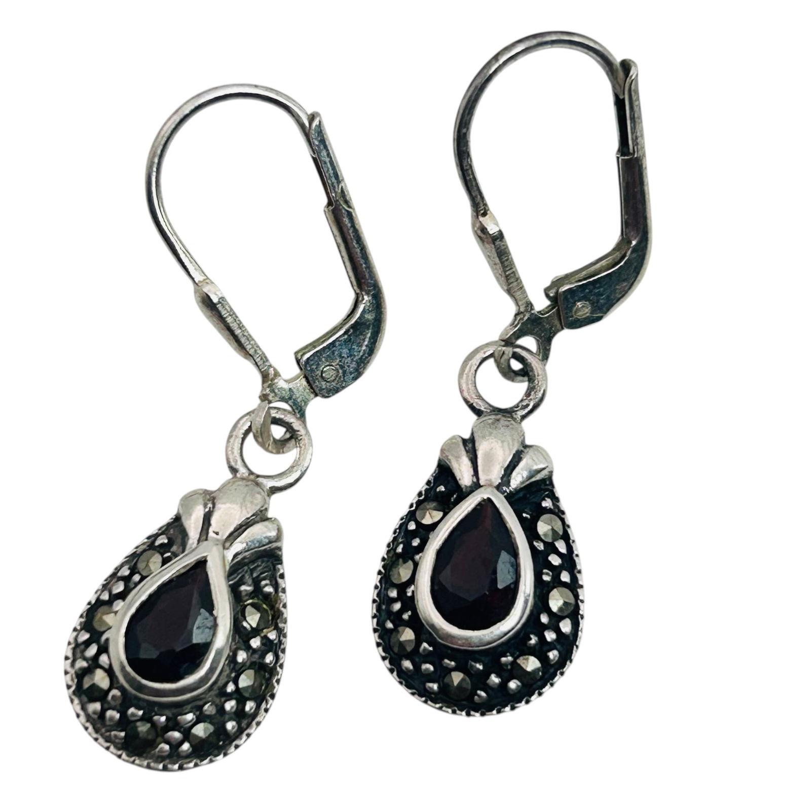 SU Garnet And Marcasite Sterling Jacket Dangle Earrings 3.5 G (1 of 5)