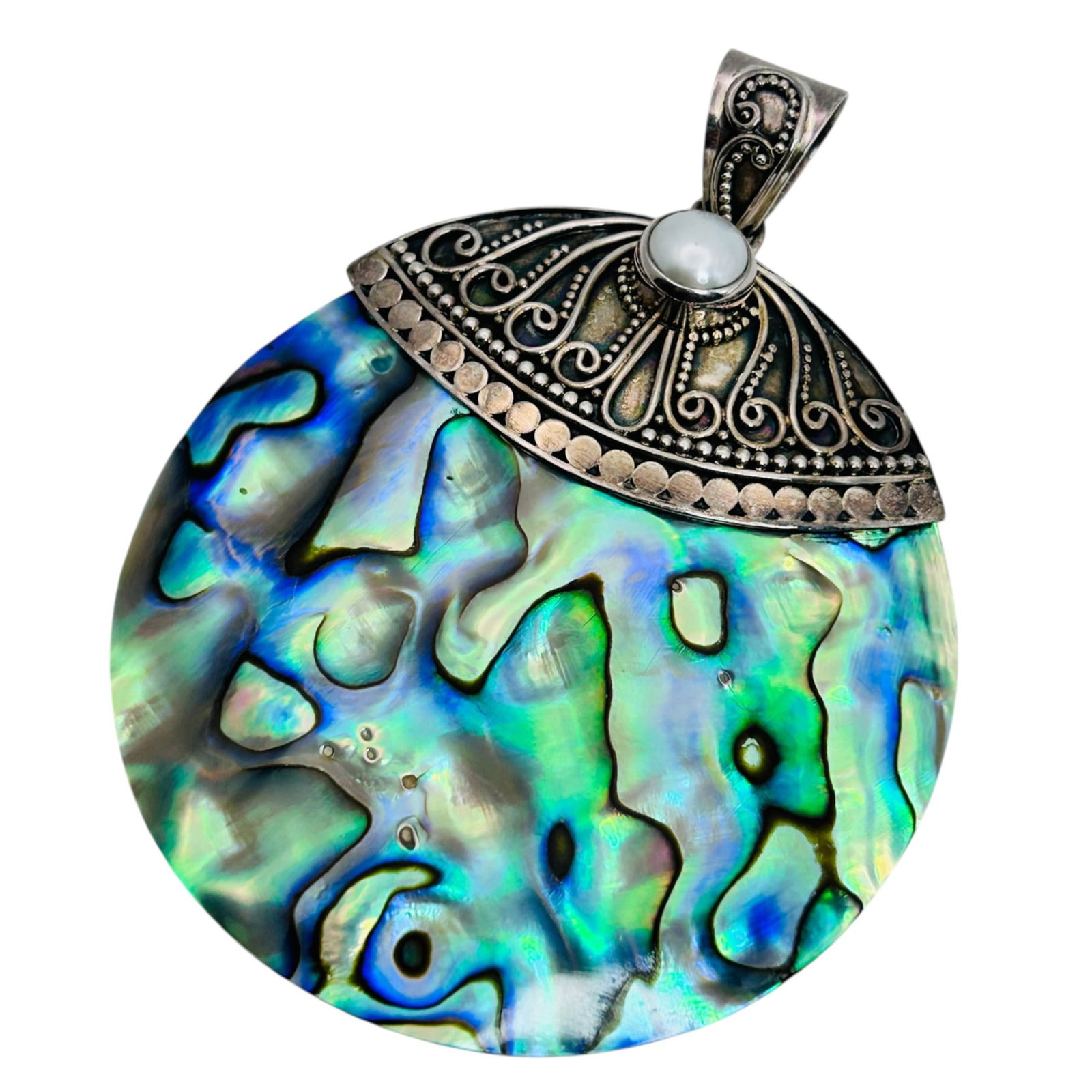 MERAV Abalone Pearl Sterling Round Pendant 25.83 G (1 of 7)
