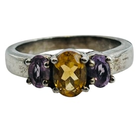 Amethyst Citrine Three Stone Ring Size 7, 4.33 G