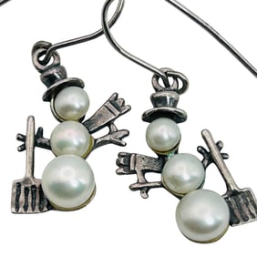 Pearl Sterling Snowman Dangle Earrings 3.57 G