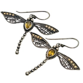 18 K Gold And Sterling Silver Citrine Dragonfly Earrings 5.12 G