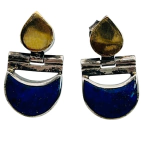 18 K Gold And 950 Silver Lapis Luzili  Earrings 4.31 G
