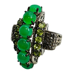 STS Aqua Emerald Marcasite Sterling Statement Ring Size 7, 11.25 G