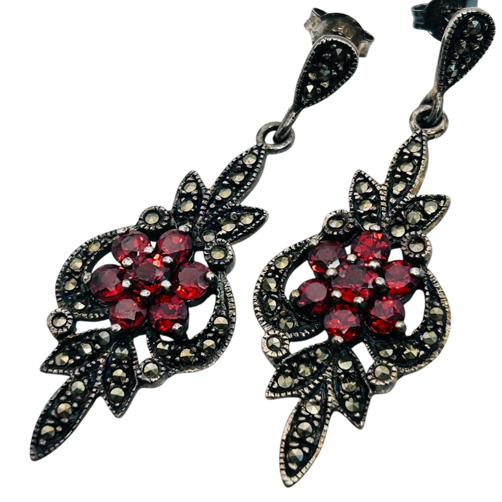 NF MARCASITE And GARNET Sterling Dangle Earrings 8.13 G (1 of 5)