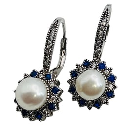 EJI TANZANITE And Pearl Sterling Hinge Earrings 4.17 G