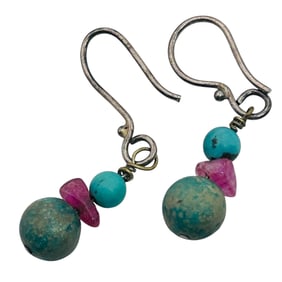 Turquoise Garnet Sterling Dangle Earrings 2.09 G