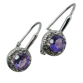 Amethyst And Diamond Sterling Hinge Earrings 2.7 G