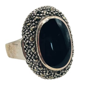 ONYX And MARCASITE Sterling Statement Ring Size 8, 6.22 G