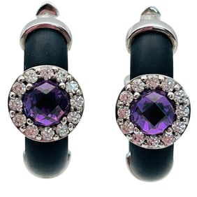 Belle Etoile Sterling Diana Earrings Purple And Clear Stone Hand Strung Italian Rubber 11.13 G