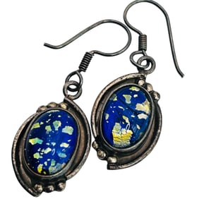 Mexico Sterling Blue DICHROIC Glass Dangle  Earrings 10.89 G